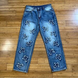 Women's Straight Leg Embroidered Cross Patch Jeans - Blue